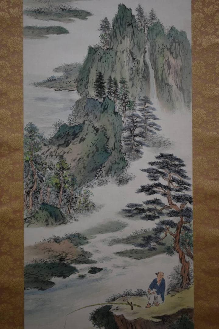 真作/横山春渓/渓流漁楽図/桐共箱二重箱付/布袋屋掛軸HE-214