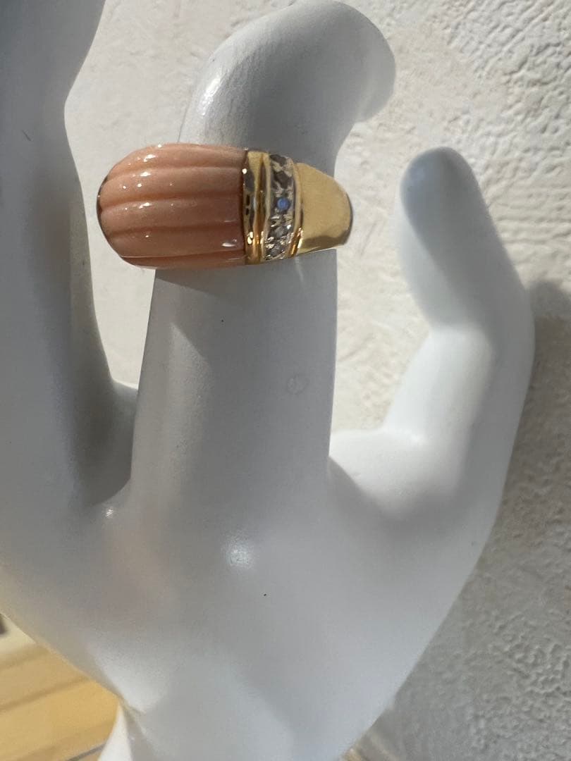 K18 天然サンゴ ダイヤモンド リングカボション ピンク系6.3g 刻印あり