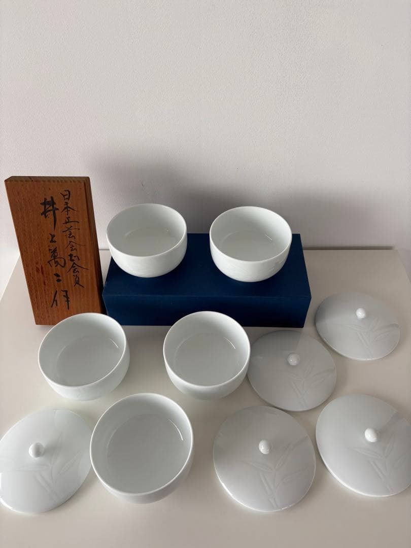 日本の銘窯 人間国宝 井上萬二作 白磁 蓋付湯呑五客＋急須　しおり付