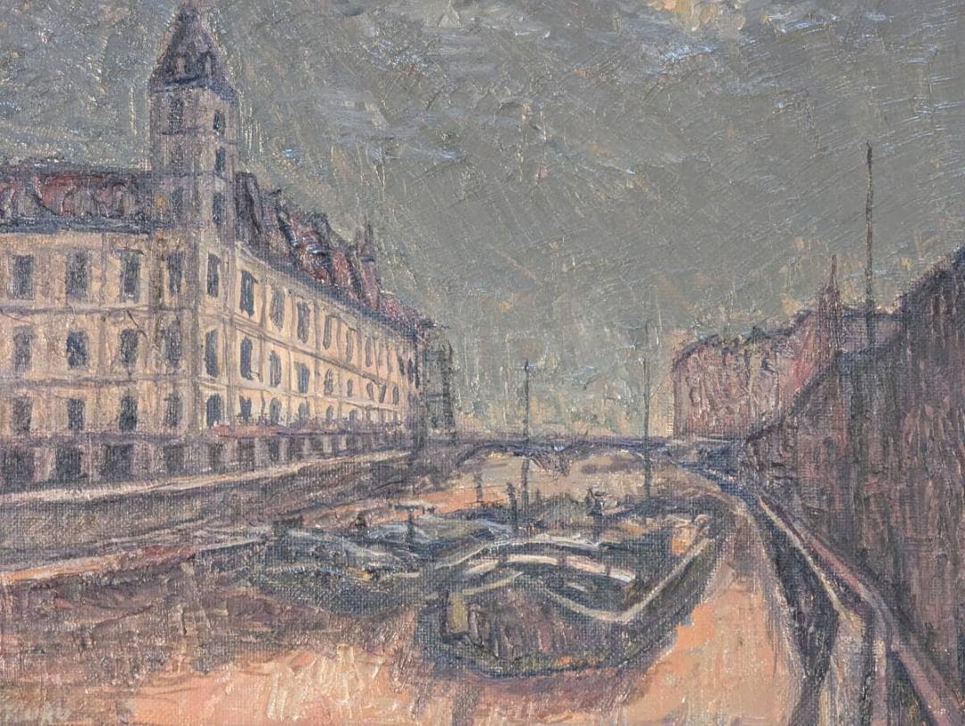 真作】絵画 鶴山好一 油彩3号 静寂の運河街 都市風景 新