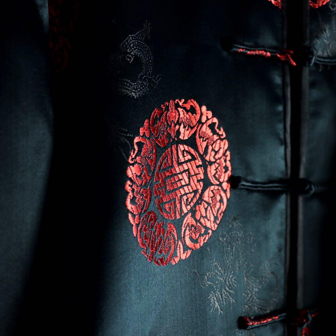 90s archive ブラック チャイナブルゾン 厚手 サテン アウター 黒色