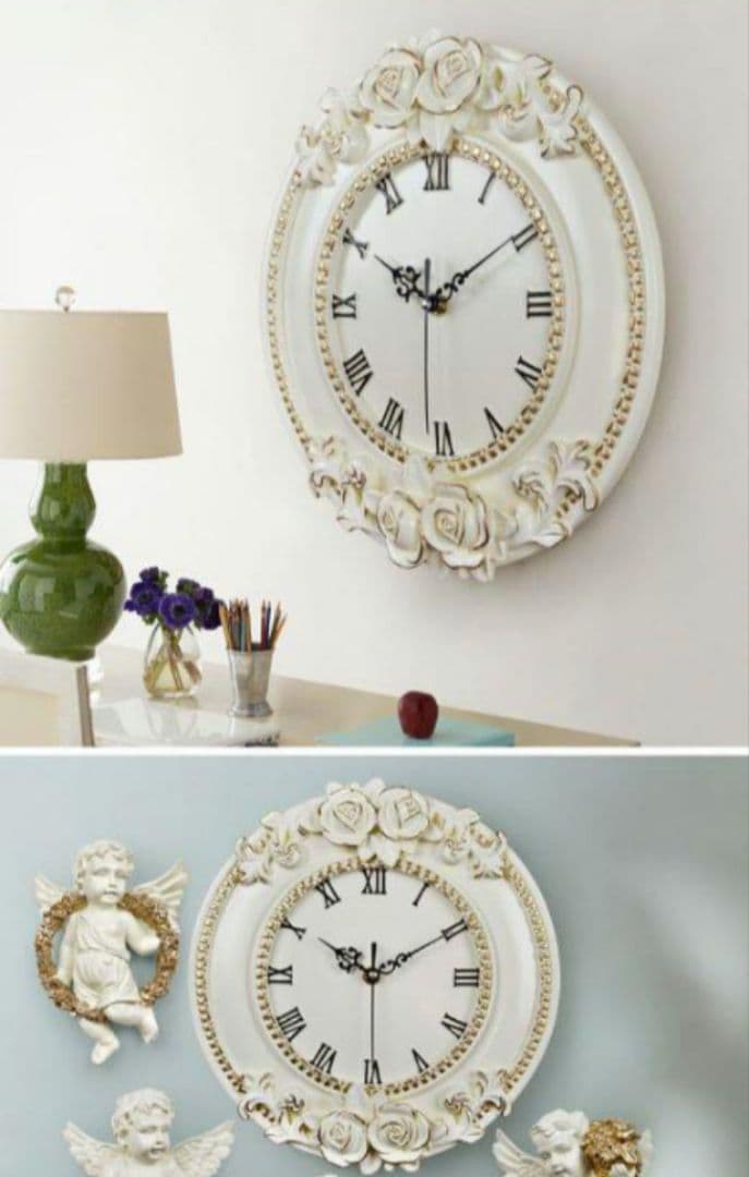 白　新品　壁掛け時計　静音　アンティーク調　掛け時計　ヨーロッパ　シャビー　バラ