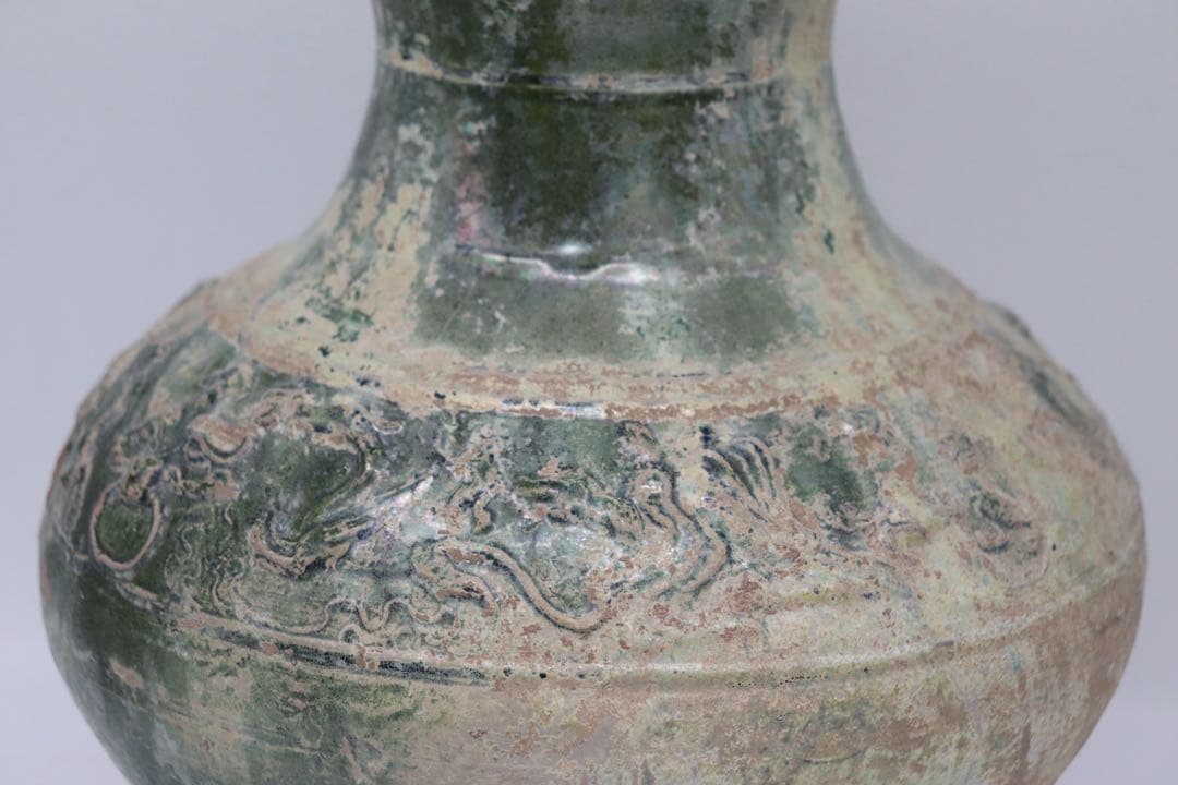 中国　漢時代　緑釉舗首耳大瓶　銀化緑釉　アンティーク　送料込み251014