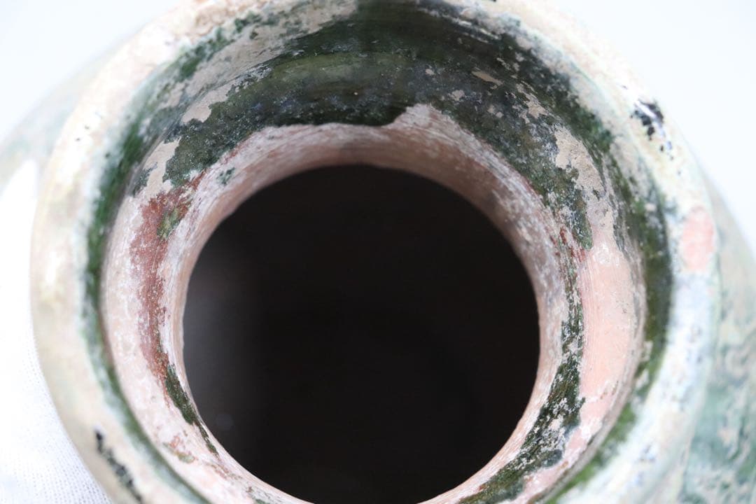 中国　漢時代　緑釉舗首耳大瓶　銀化緑釉　アンティーク　送料込み251014