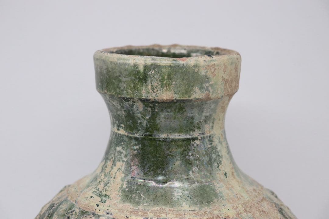 中国　漢時代　緑釉舗首耳大瓶　銀化緑釉　アンティーク　送料込み251014