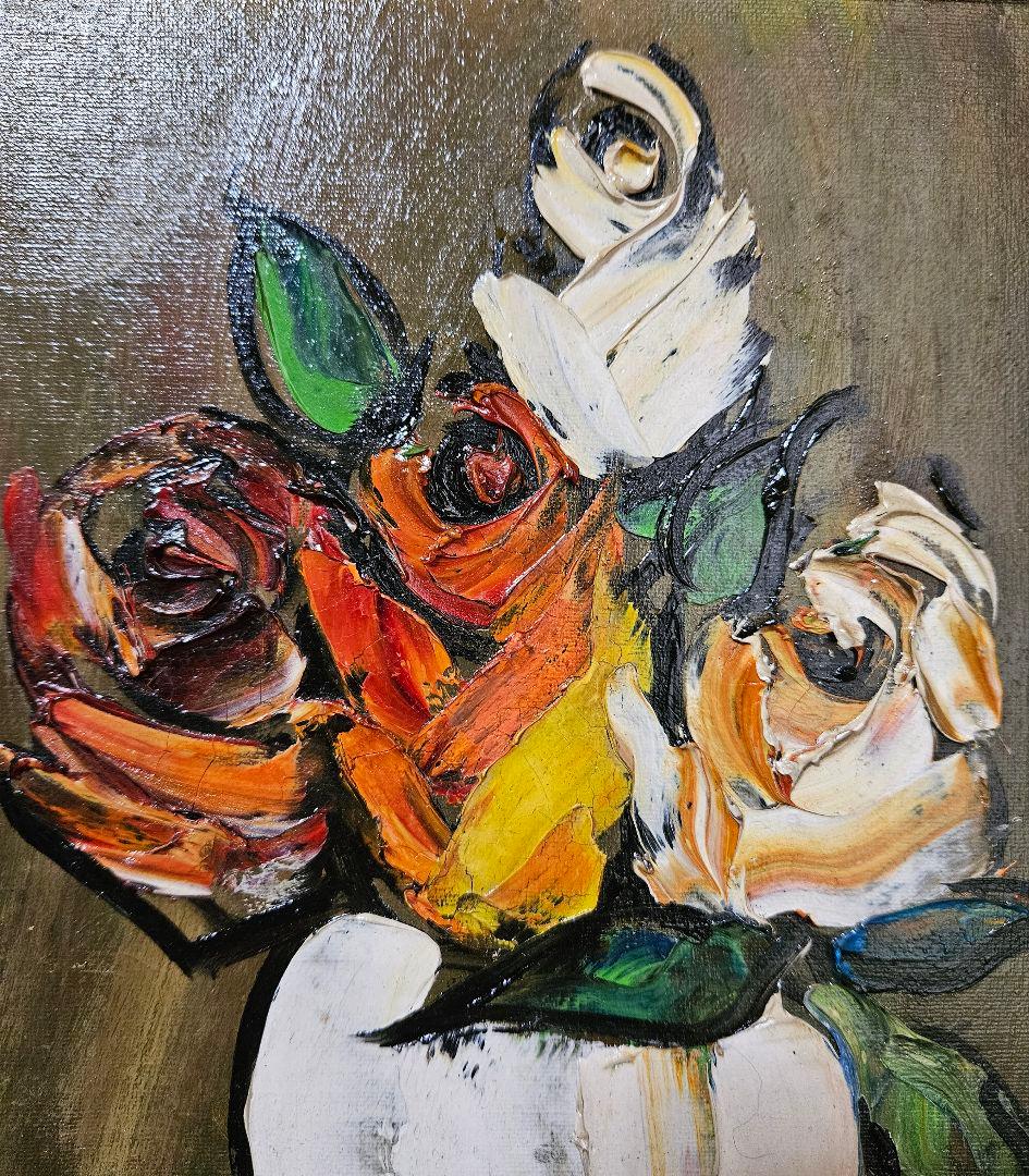 【真筆保証❗】湯浅洋子筆　油彩油絵　肉筆　題『ばら』額装　登録証付　師　錦儀一郎