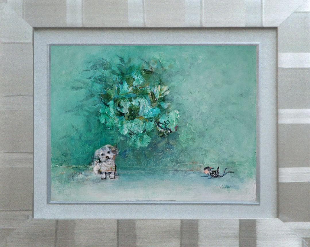 絵画額付(白）油絵uF6-071619可愛い子犬と女の子