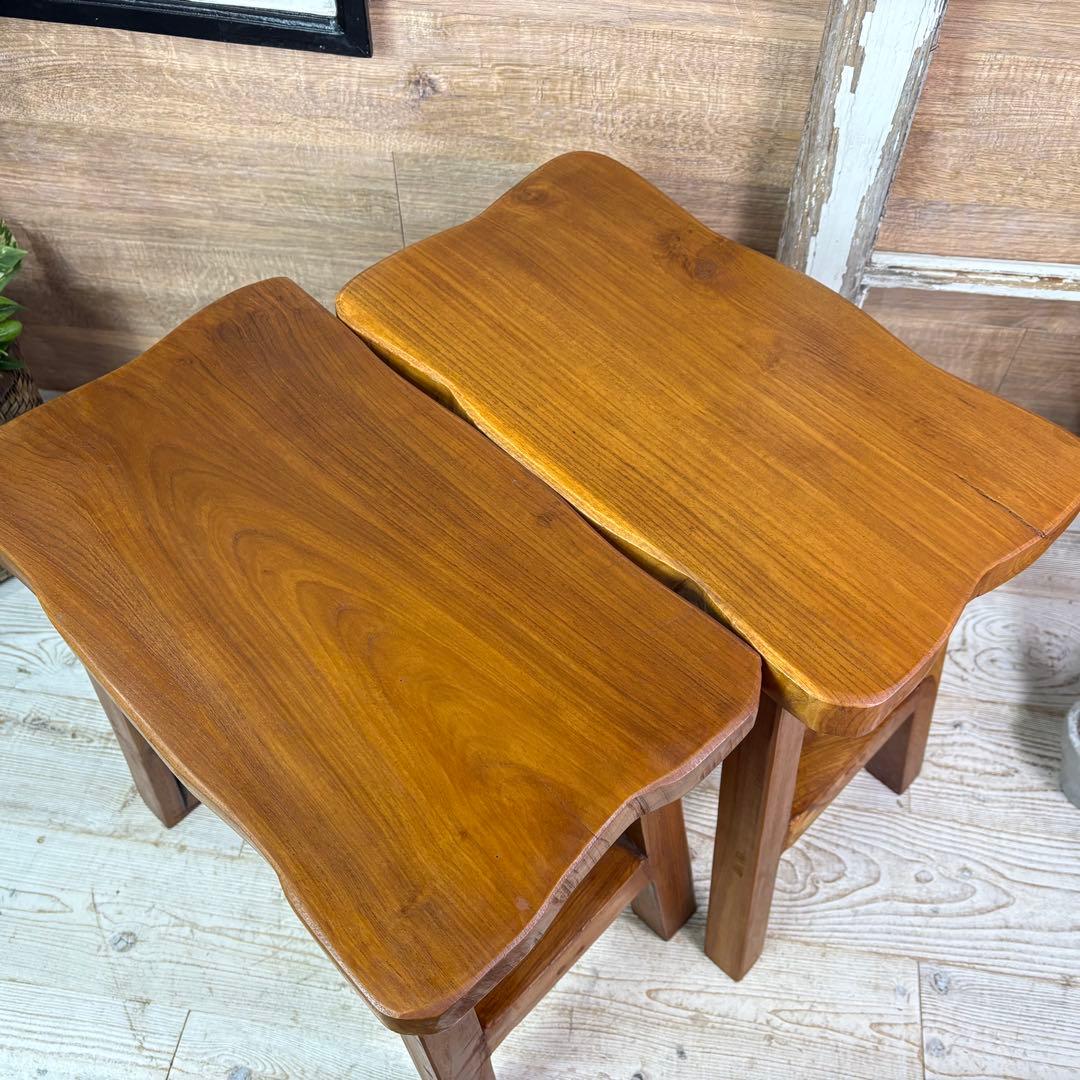 オールドチーク天然無垢材ベンチスツールワイド2点セットサイドテーブル飾り台置き台