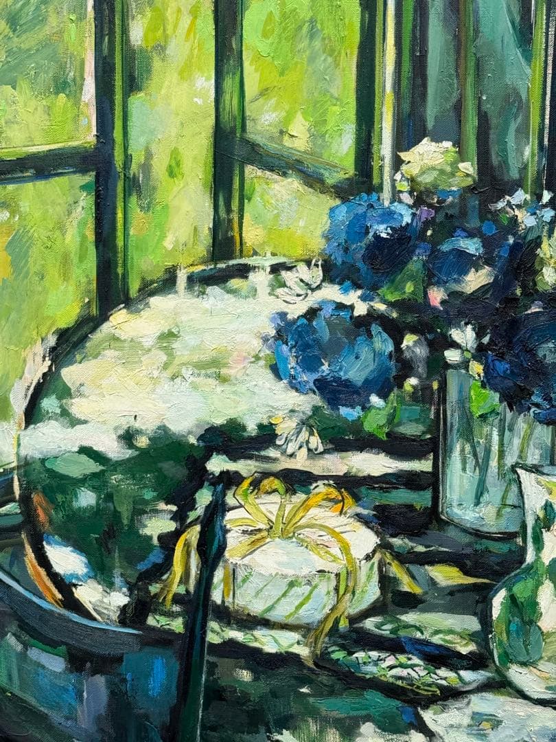 平野能子作 油彩絵 窓を開けて 直筆 示現会作品 額装 送料