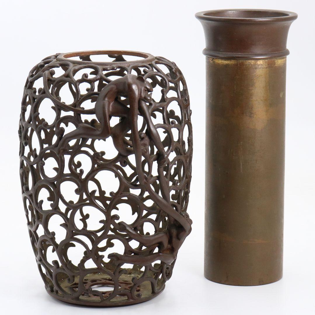 鋳師 金森浄栄作 鋳銅 蝋型 猿文 壷 花入 高岡銅器 共箱　AL826