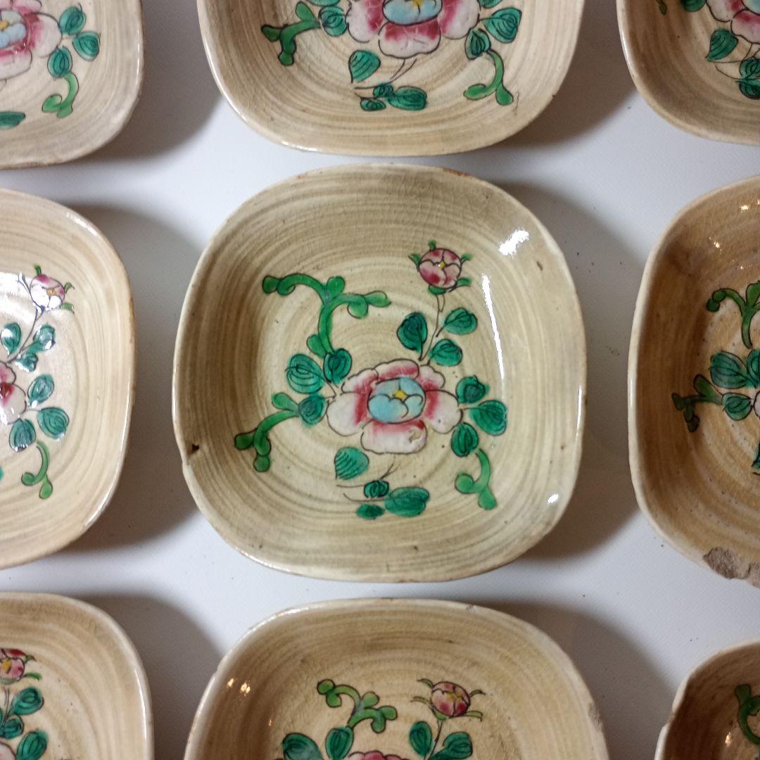 萬古焼 色絵粉彩手写花文皿九客