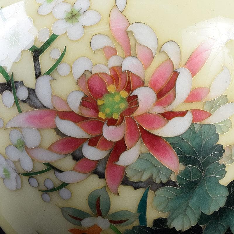 七宝焼 林武生作 黄地 四君子文 花瓶 共箱 M R9341H