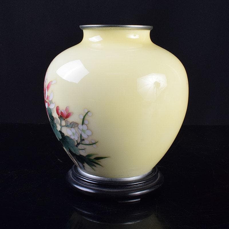 七宝焼 林武生作 黄地 四君子文 花瓶 共箱 M R9341H