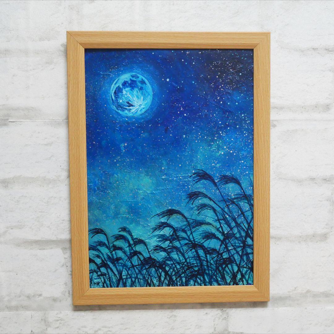 油絵 油彩 油彩画 絵 絵画【青のお月見】