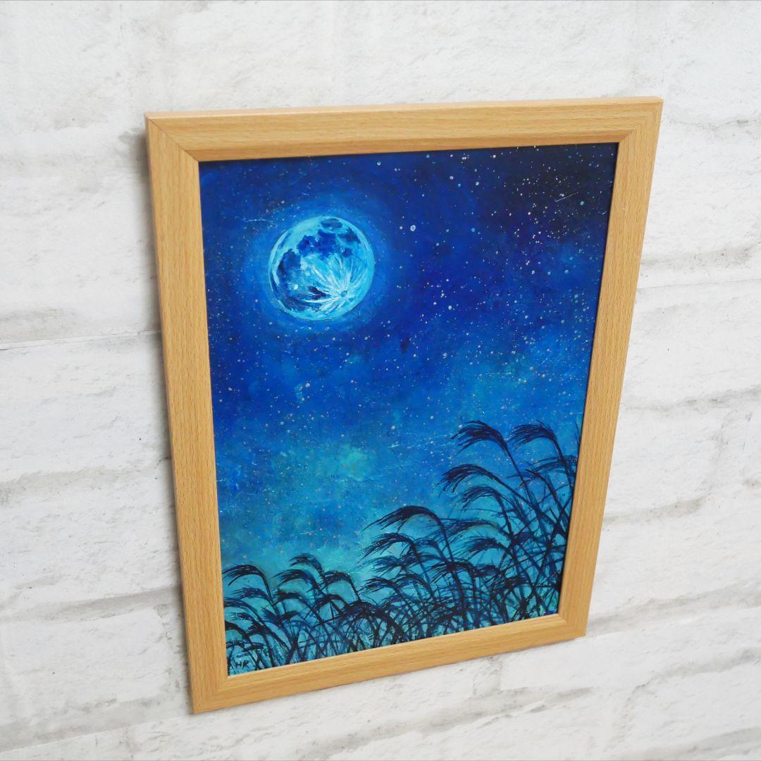 油絵 油彩 油彩画 絵 絵画【青のお月見】