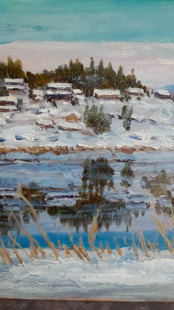 絵画　油彩　雪の深見の池　村松喜好 S