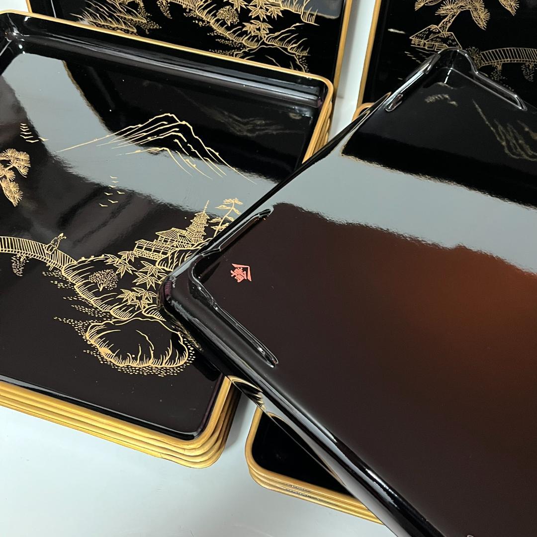 蔵出し】懐石御膳 輪島塗 二度塗 美術漆器 沈金楼閣山水の図 10客 未