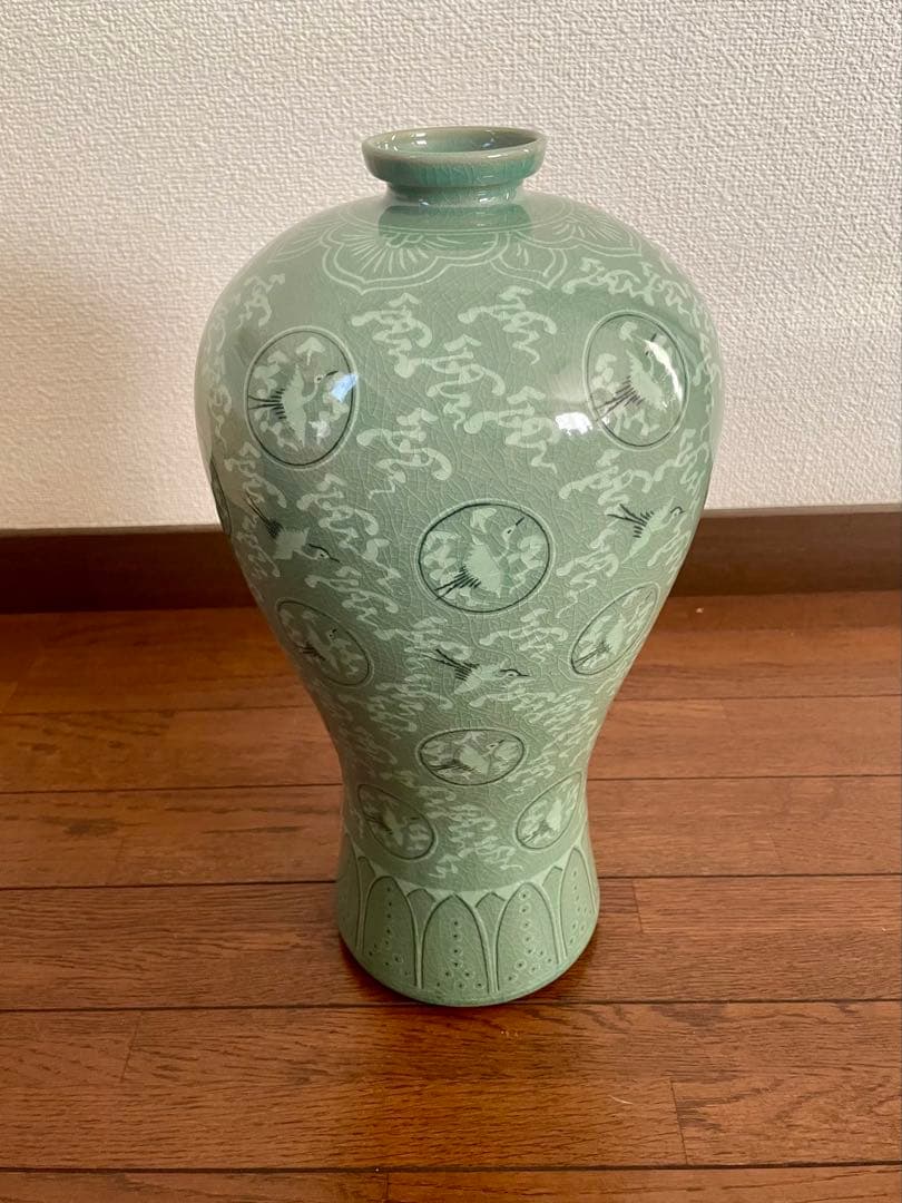 高麗青磁 趙京 梅瓶 象嵌 雲鶴文 一光 韓国 37cm 花瓶 美品 伝統工芸