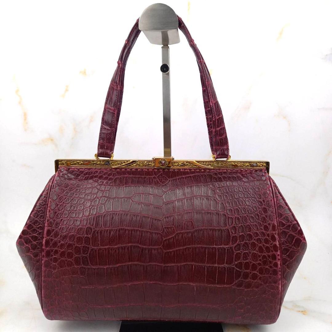 ✨希少✨ハマノ サンピエトロ　リアルクロコ ハンドバッグ ボルドー がま口