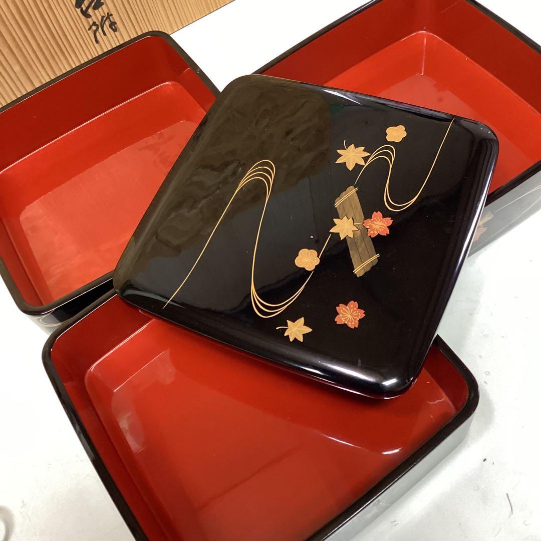 輪島塗 三段重台付 漆塗装 3段お重箱 天然木 工芸品