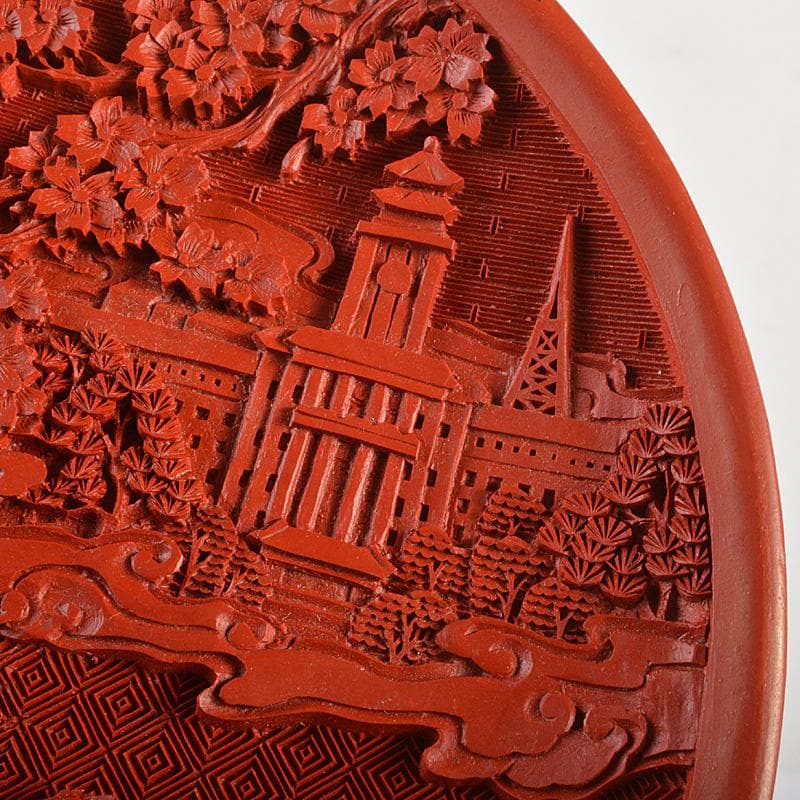 中国　堆朱　山水楼閣文盤　飾皿　飾立付　V　6535