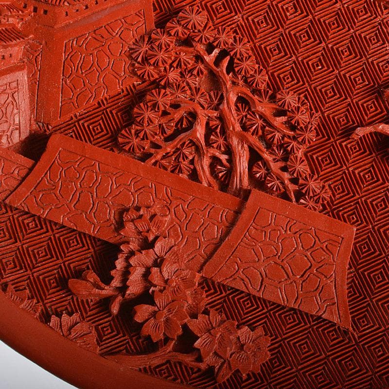 中国　堆朱　山水楼閣文盤　飾皿　飾立付　V　6535