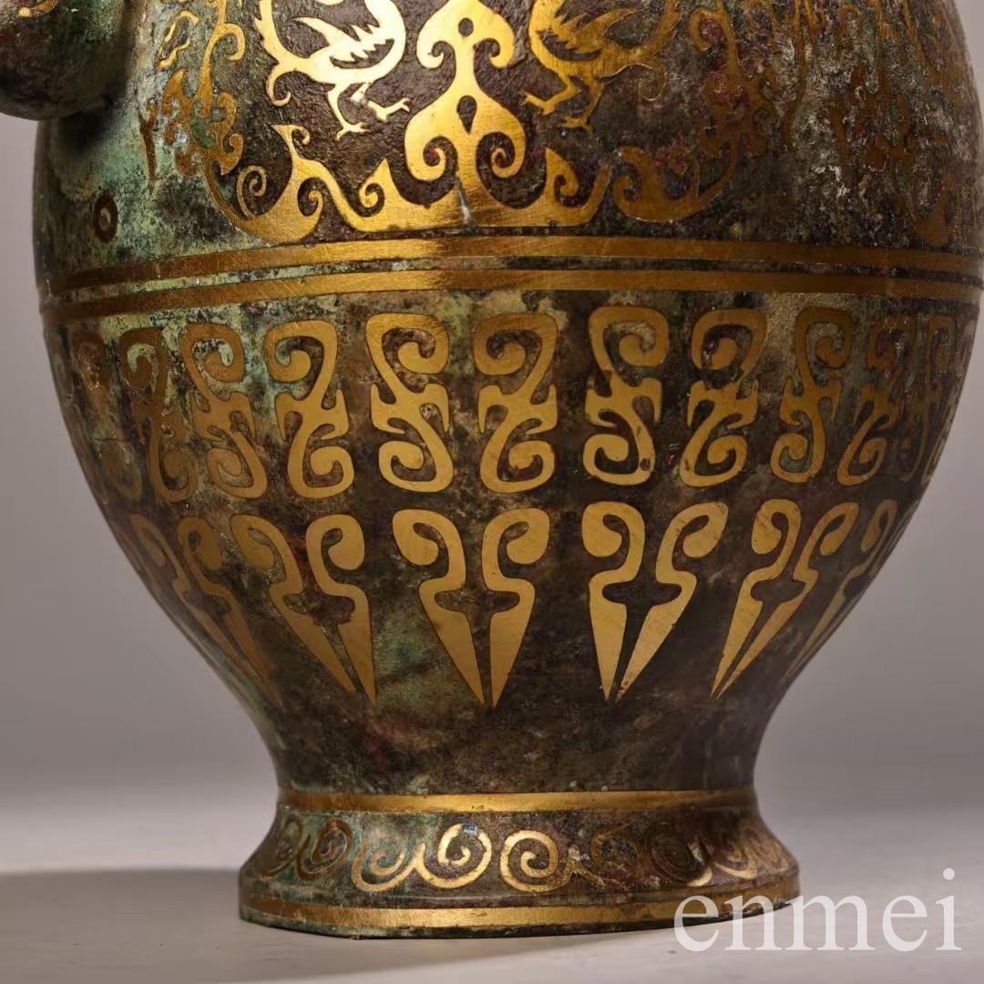 中国古美術・旧蔵搓金装飾と銘文入りの青銅製酒壺と油灯・青銅・純手作り・置物・酒壺
