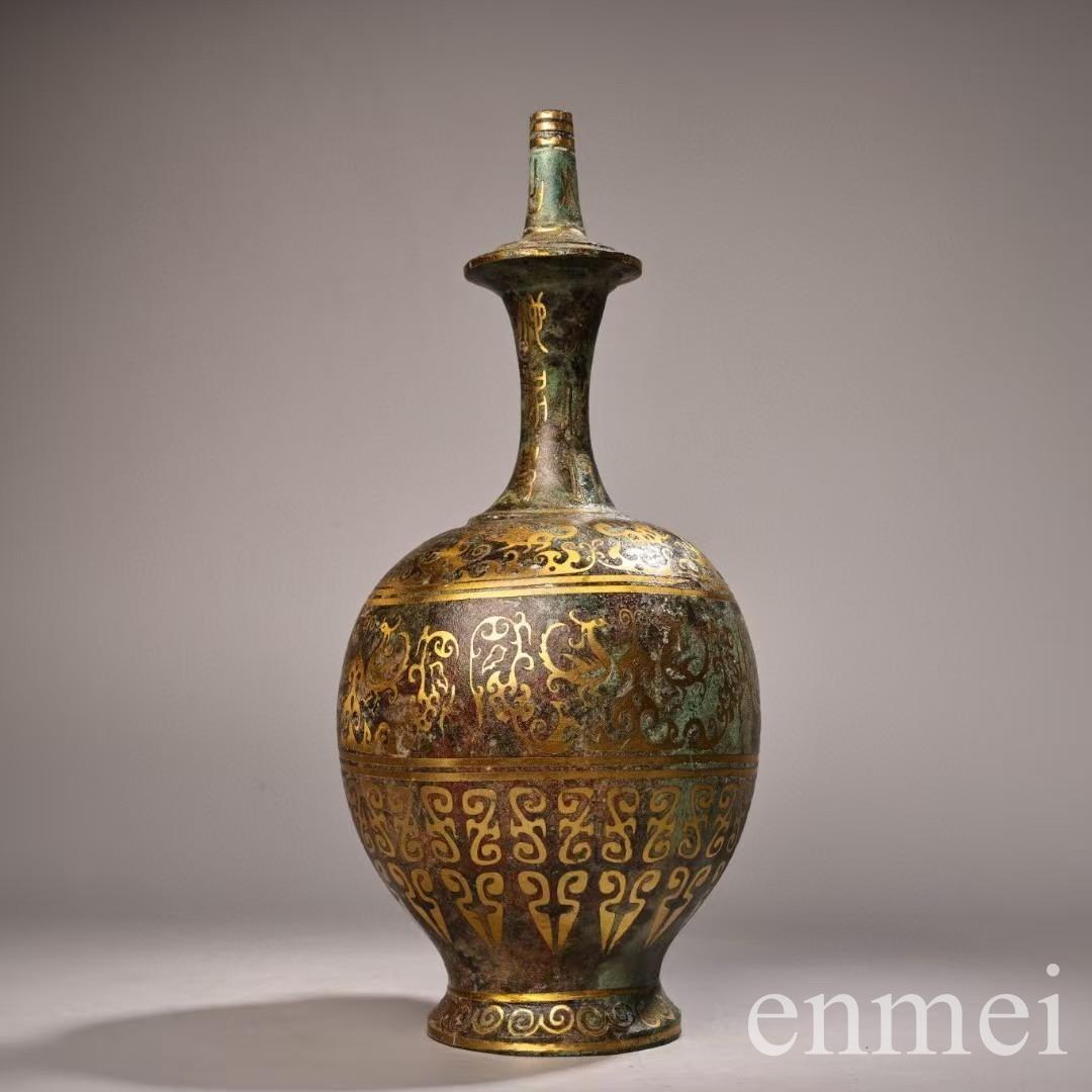 中国古美術・旧蔵搓金装飾と銘文入りの青銅製酒壺と油灯・青銅・純手作り・置物・酒壺