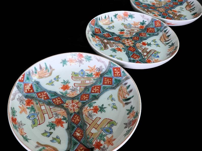 古伊万里　金襴手　紅葉に鳥居　花鳥紋の図　５寸皿　３枚　E549AS-COc