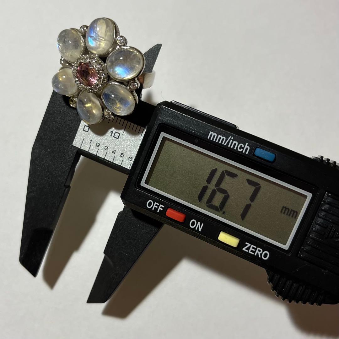 ブルームーンストーン&ピンクトルマリン&CZ 花型 リング 925刻印