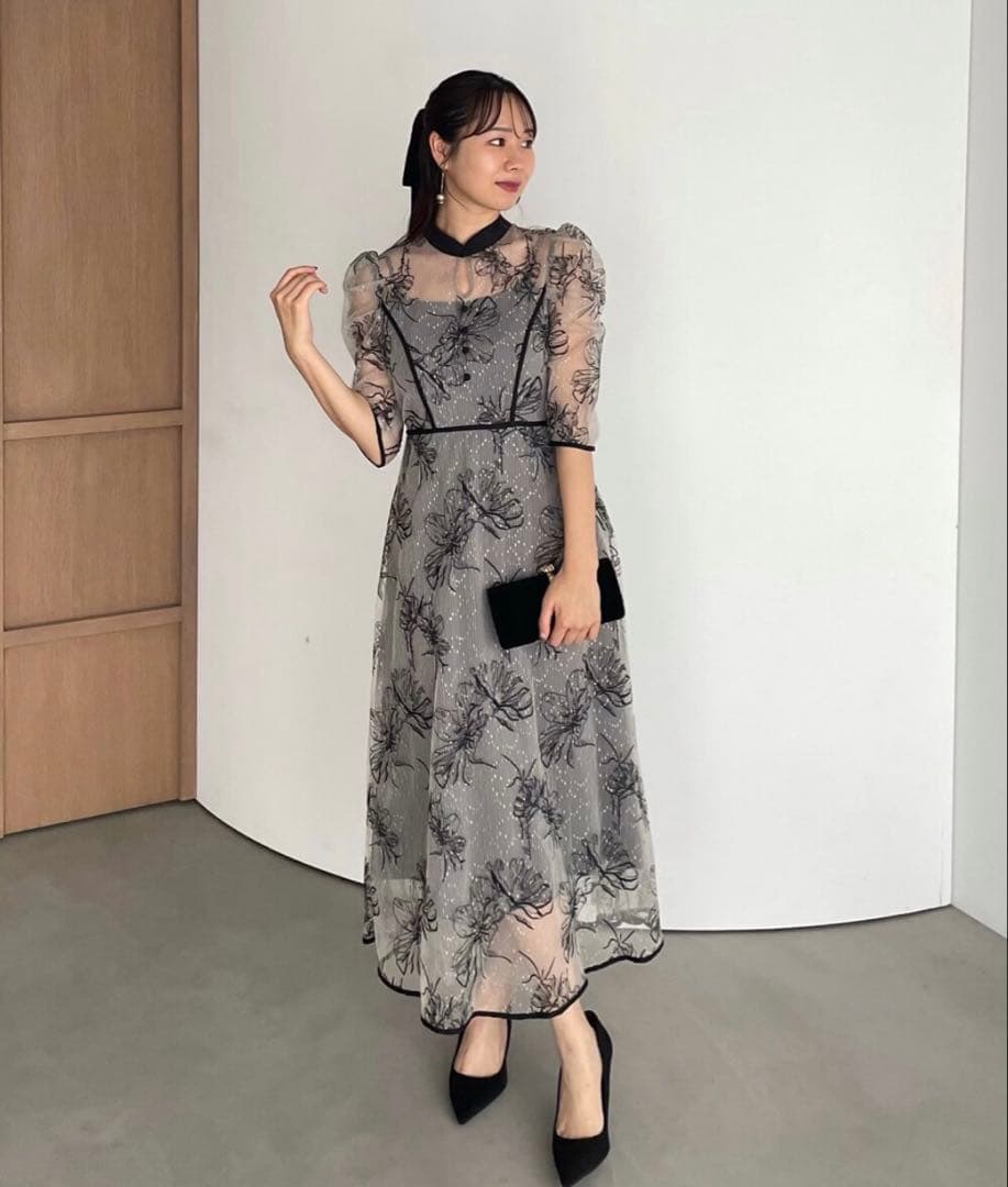 leja パイピングハイネック花柄ラメレースワンピースドレス 今田美桜