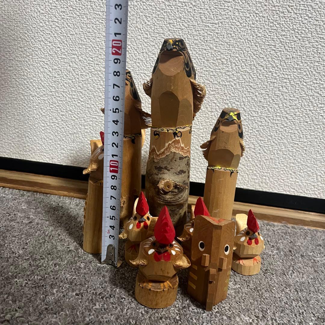 郷土玩具 笹野一刀彫 お鷹ぽっぽ 尾長鶏ポッポ 鷹の彫刻鶏の彫刻 9
