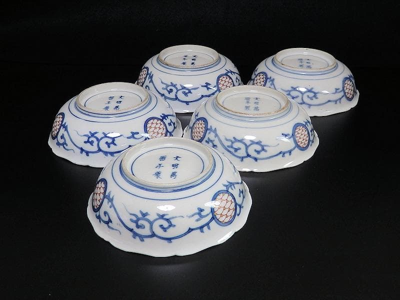 大聖寺伊万里　金襴手　花に福良雀の図　膾皿　５客　B267AS-BGl