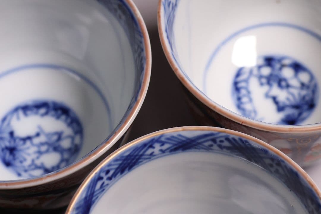 【CM125】古伊万里 扇面 色絵向付 五客 猪口 小鉢 扇面 草花 唐草 錦