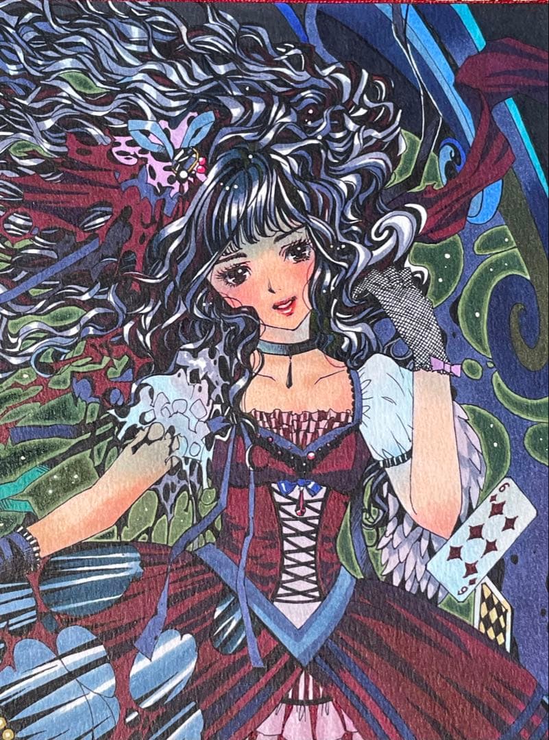 真作　Fukasawa Naoko「Blue Moon」水彩 ゴスロリ　アリス