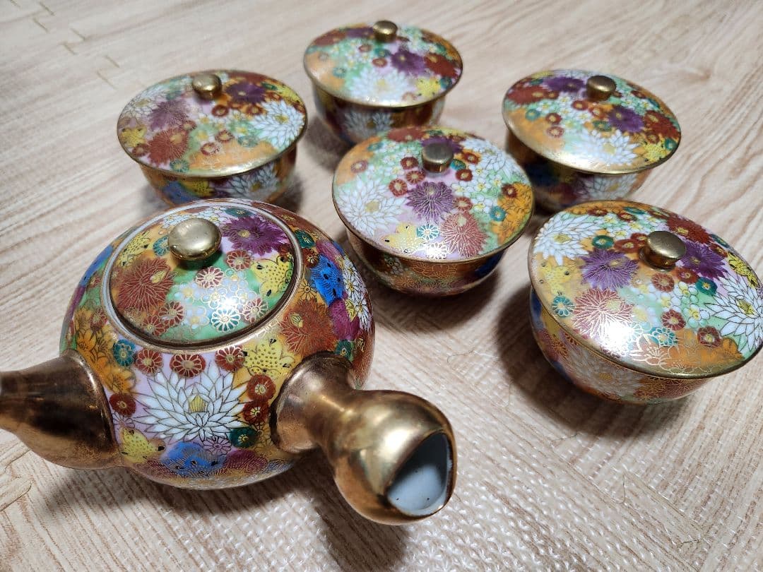 九谷焼 九谷光峰 花詰/菊詰 金彩 茶器揃 5客 湯呑茶碗/急須 食器