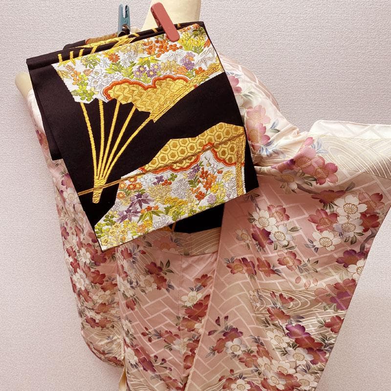 502aj19◎振袖＆袋帯 金駒刺繍 桜 金彩 成人式 結婚式 十三参り◎