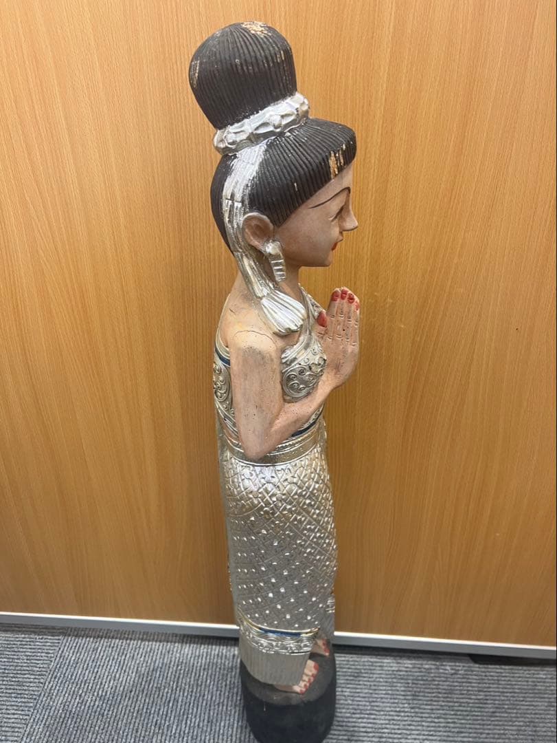 タイ 木彫り 民族衣装の女性像 置物 サワディー人形 2体セット