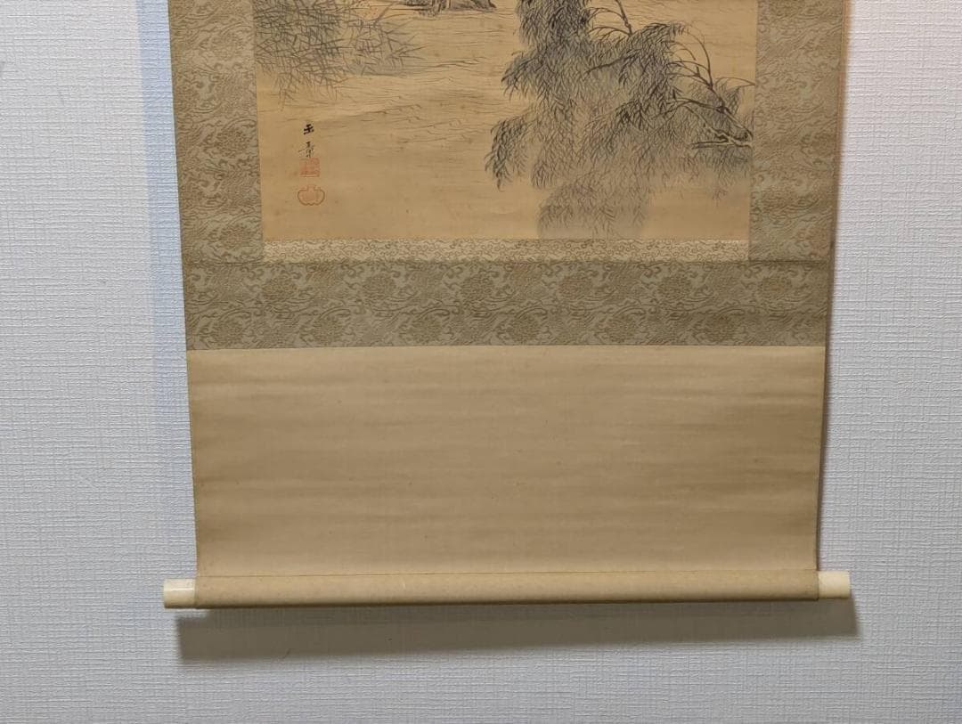 真作】掛軸 川端玉章 柳蔭漁楽図 日本画 帝室技芸員 二重箱入 U29