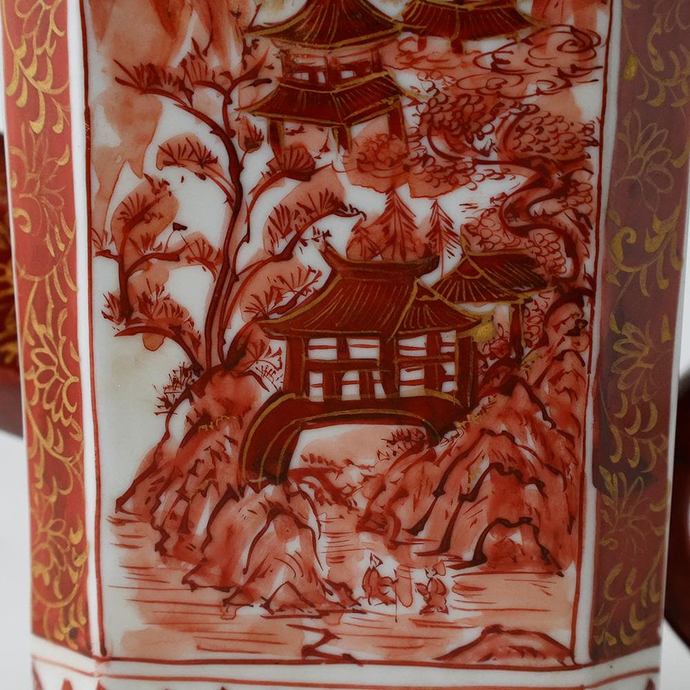 時代年代物 九谷焼 赤絵金彩 唐草 花鳥 楼閣図 水注