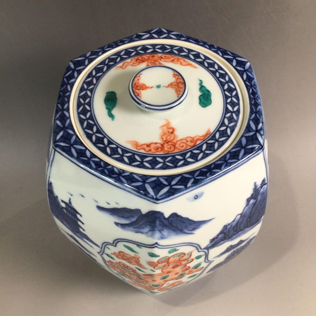 P324 水指 『平安 手塚玉堂造』『染付赤絵』『六角水指』 共箱