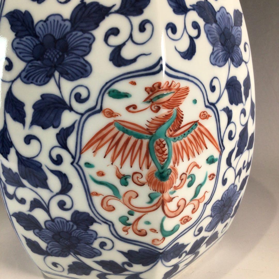 P324 水指 『平安 手塚玉堂造』『染付赤絵』『六角水指』 共箱