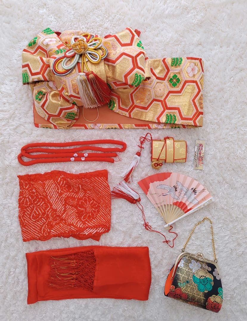 ★ssshiopi★　七五三 着物　7歳　赤　黒　絞り柄　作り帯　ゴールド