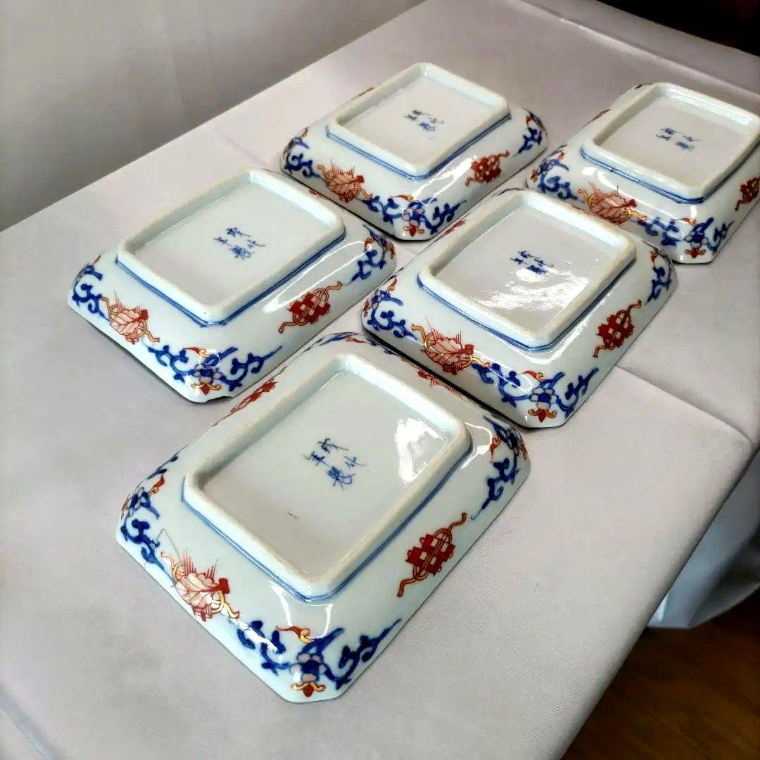 骨董 有田焼 伊万里焼 古伊万里 金彩 色絵 小皿 長角皿 角皿 5客セット