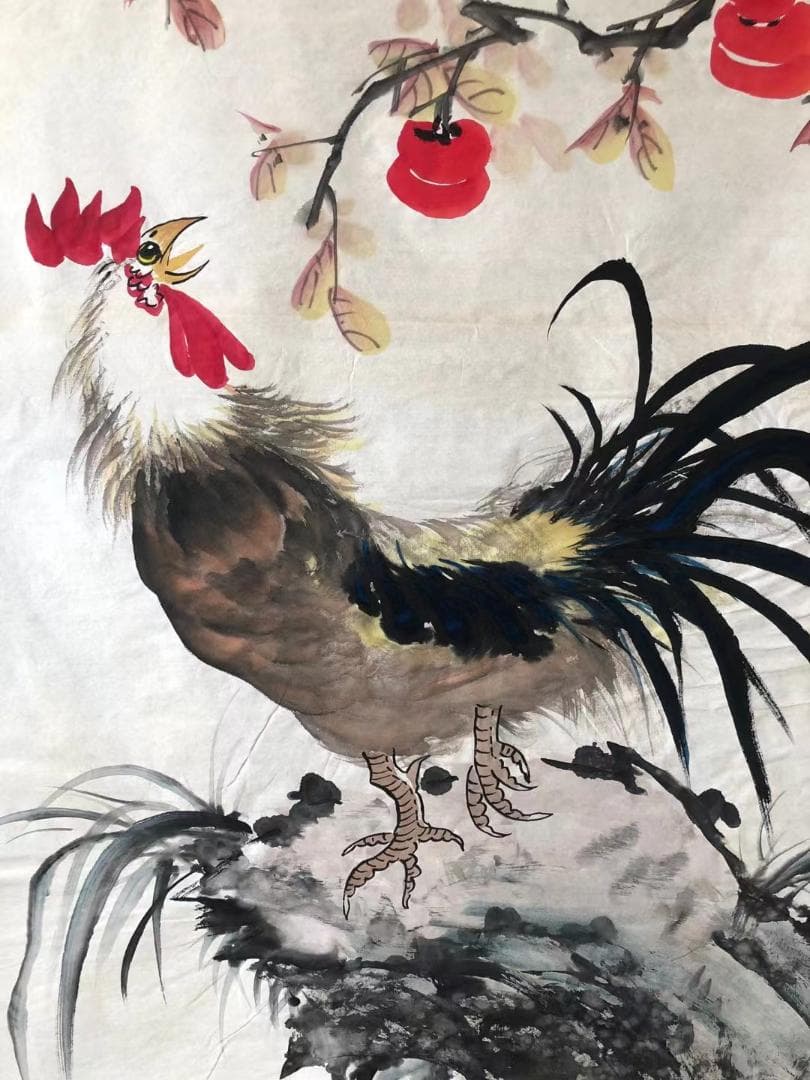 中国古美術☆純手描き四尺竖幅花鳥大吉画芯☆水墨画・斉白石印款・肉筆