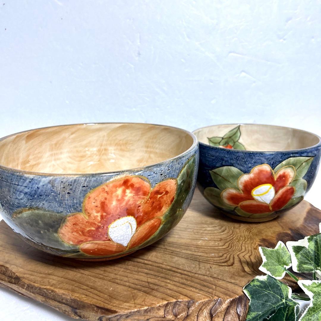 未使用　京焼　清水焼　土渕陶葊　陶葊窯 陶あん絵付　椿柄　中鉢　菓子鉢　茶道