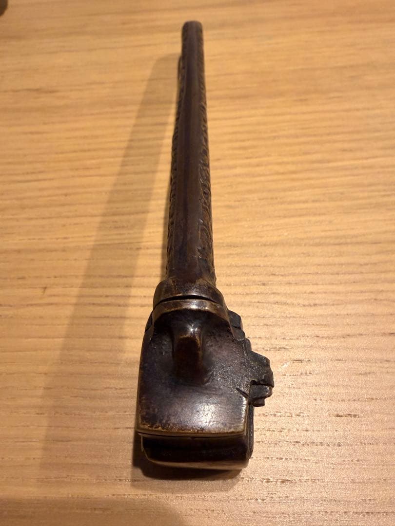 【骨董品】明治時代 龍紋/唐草彫刻 銅製 矢立 携帯用筆記具 アンティークA