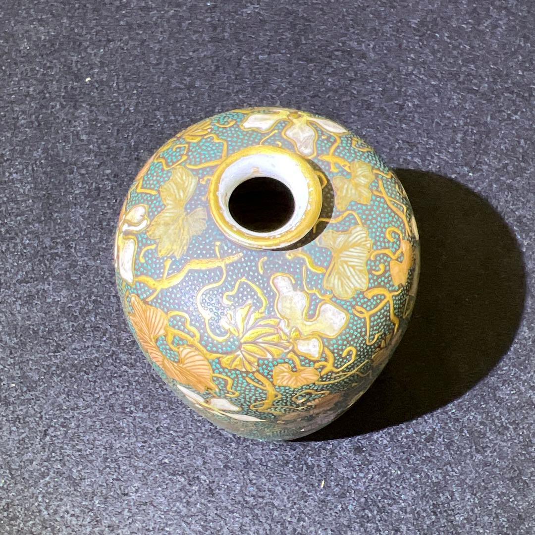 時代九谷焼 青粒手極上金彩花入 木箱付 高11.3㎝東