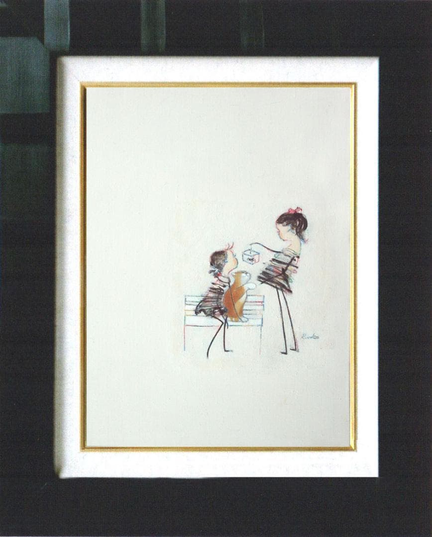 油絵 菅家令子絵 絵画インテリア額付(青緑＋金色の枠)F4-030219猫犬女子