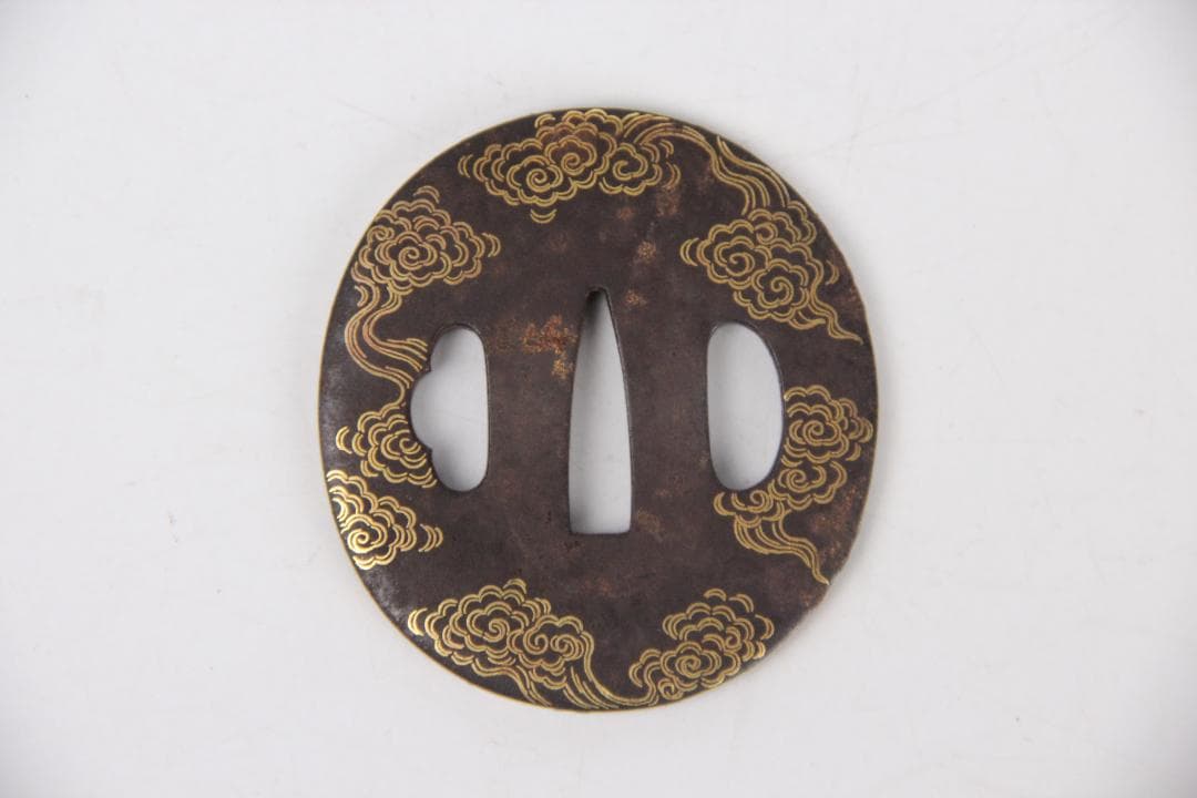 江戸期 鍔 無銘 古鉄製 金象嵌 雲竜文 N11-3